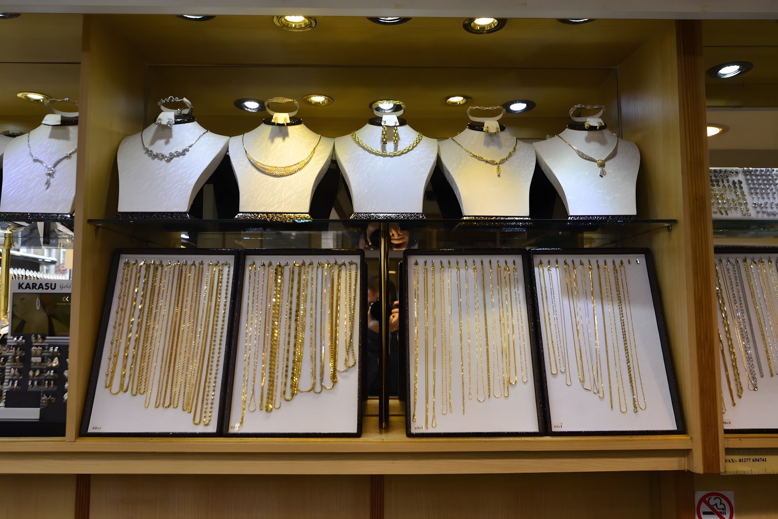 Trays of 22ct gold chains and necklaces at Onur Jewellers