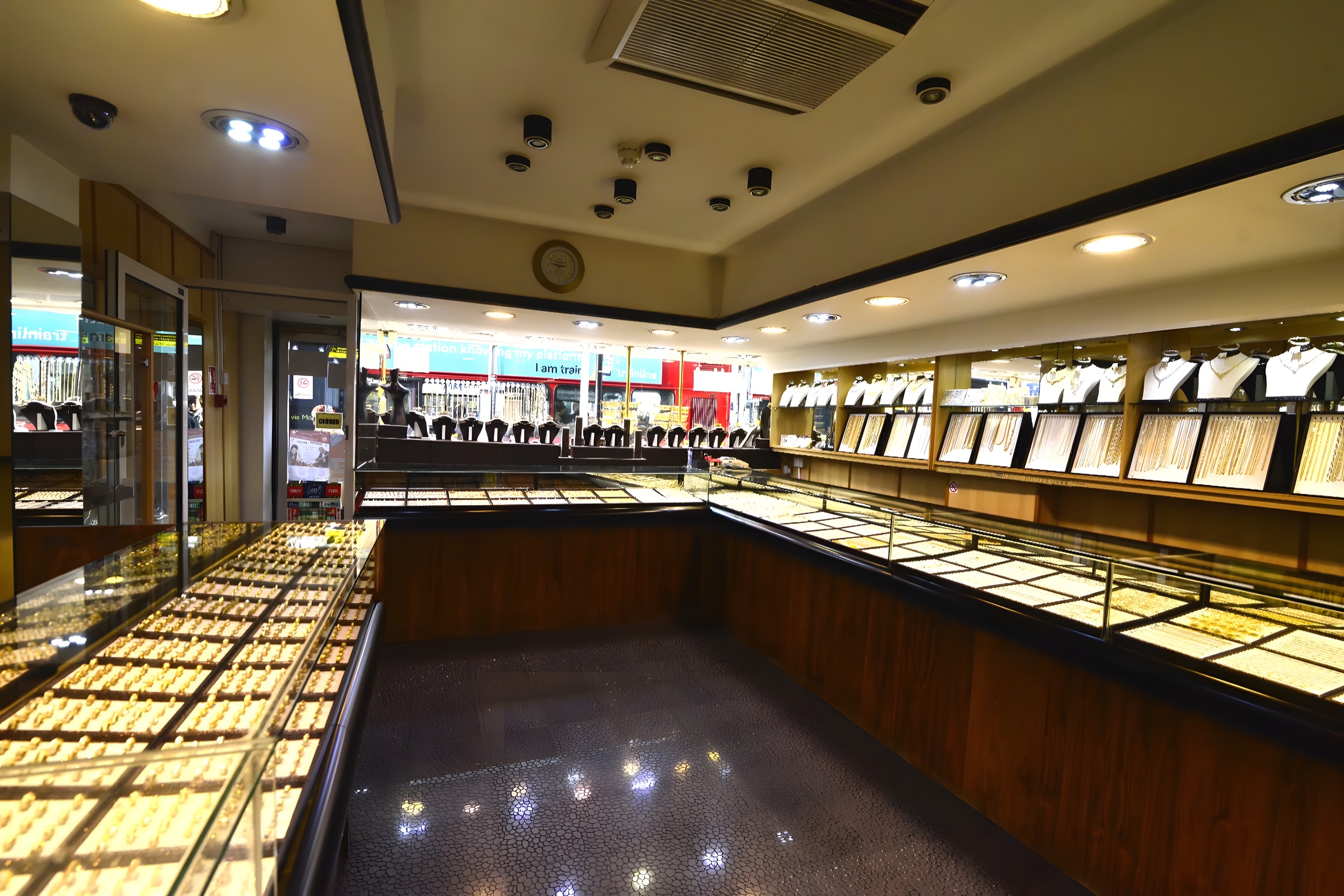 The gold-filled display counters inside Onur Jewellers on Kingsland High Street